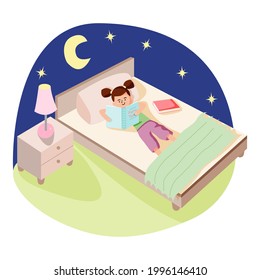 Little cute girl reading a fairy tale before dreams in her bed. Night book reading concept. Cartoon vector illustration isolated on white