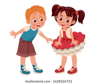 little cute girl rejoices in a new dress tutu, a boy admires her outfit