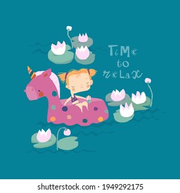 Little cute girl is relaxing in a big swimming circle in the form of unicorn