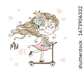 A little cute girl rides a scooter. Vector.