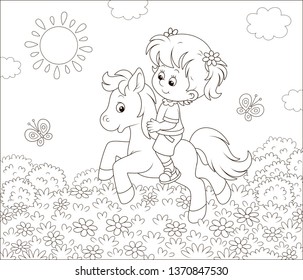 Little cute girl riding a pony among flowers and butterflies on a sunny summer day, black and white vector illustration in a cartoon style for a coloring book
