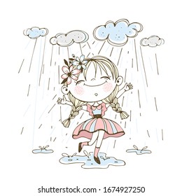 A little cute girl runs merrily through puddles in the rain. Vector.