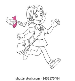 Little cute girl runs to school with a  school bag. Black and white picture with pink accent. In cartoon style. Isolated on white background. For coloring book.
