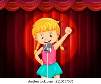 Little cute girl singing on stage illustration