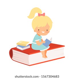 Little Cute Girl Sitting on Huge Book Cover and Learning to Read Vector Illustration