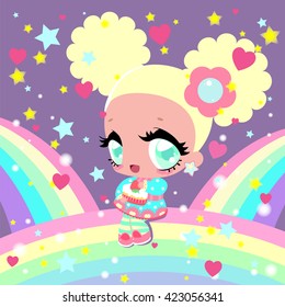 Little cute girl sitting on a rainbow. Girl holding a strawberry pie. Greeting card. Children's fairy tale.