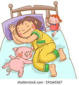 Little cute girl sleeping in her bed with toys. Children illustration for School books, magazines, advertising and more. Separate Objects. VECTOR