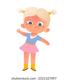 Menina fofinha, de pé mãos alegres até sorrindo e cumprimentando. Criança bonita feliz, ilustração gráfica para crianças da escola ou do jardim de infância. Caricatura infantil, clipart isolado vetorial.