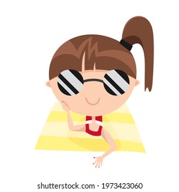 Little cute girl in sunglasses sunbathes on beach. Cartoon teen child lying on towel. Cool summer mascot character for logo, emblem, label, sign. Flat illustration of relax, vacation, holidays