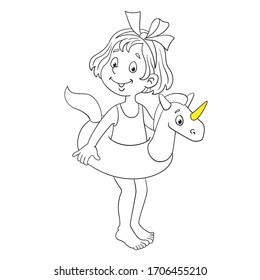 Little cute girl with a swimming circle.  Black and white picture with yellow accent. In cartoon style. Isolated on white background. For coloring. Vector illustration.