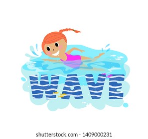 little cute girl swimming,cartoon design