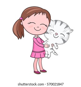 A little cute girl with tabby kitten. Print for t-shirt