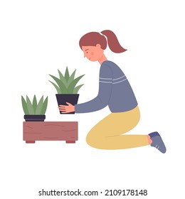 Little cute girl taking care of her pot indoor plants. Lady holding potted house flower cartoon vector illustration