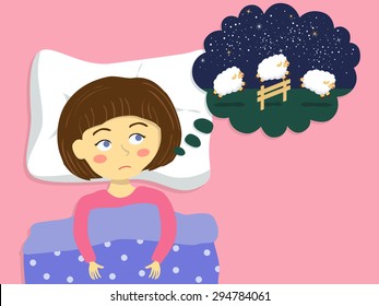 Little cute girl try to sleeping in the bed with imagine about counting sheep