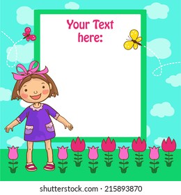 Little Cute Girl and tulips placard. Children Sport isolated objects on green background. Great illustration for a school books and more. VECTOR. Editorial. Education. Advertising. Board.