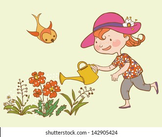 Little Cute Girl Watering Flowers. Children illustration for School books and more. Separate Objects.