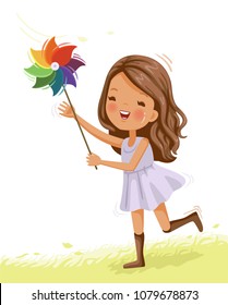 Little cute girl In white dress. playing with a pinwheel outdoors in the park. child on grass in summer day holds windmill in hand. Feel free. Pretty long hair girl running on the grass. Vector