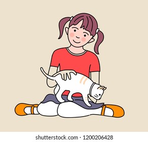 Little cute girl with a white kitten on her hands. Vector illustration
