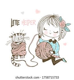 A little cute girl is winding yarn in a ball and the kitten is tangled in the threads. Vector.