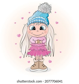 Little cute girl with winter hat holding a cookie vector illustration character
