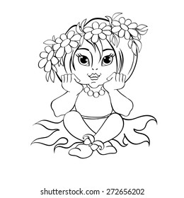 Little cute girl in the wreath of daisies. Black and white vector  illustration for coloring book