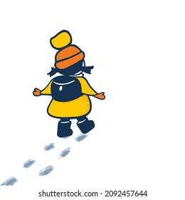 Little cute girl in a yellow coat, orange pompom hat, with a school bag, walking and leaving footprints in the snow. Back view. Flat hand drawn minimal vector illustration.