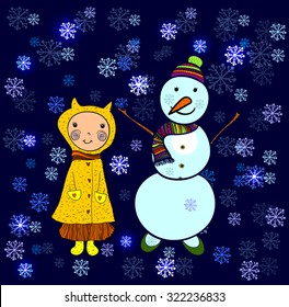 Little cute girl in yellow coat and snowman with cap and warm scarf on snowfall background. Vector illustration. Festive funny Christmas or New Year card. 