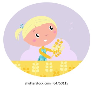 Little cute girl with yellow harvested grain isolated on white Harvest and grain - Little child with harvested cereals. Vector cartoon ilustration.