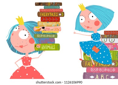 Little Cute Girls in Library with Books. Reading and hobby design with funny kid. Vector cartoon.