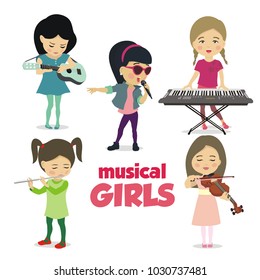 little cute girls playing music, cartoon chatacters set, vector image