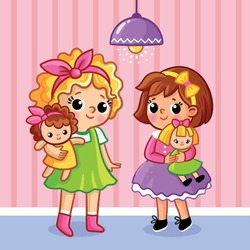 Little Cute Girls Stand In The Children's Room And Hold A Doll In Their Hands. Vector Illustration In Cartoon Style On A Children's Theme.