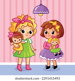 Little cute girls stand in the children's room and hold a doll in their hands. Vector illustration in cartoon style on a children's theme.