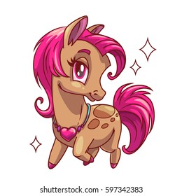 Little cute glamour horse with pink hair. Vector childish illustration. Pretty girlish print for t shirt design.