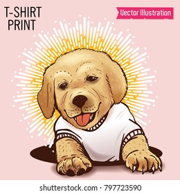 Pequeño adorable cachorro recuperador dorado en camiseta. Imágenes para publicitar una tienda de mascotas, clínica veterinaria, tienda de accesorios para mascotas, servicio de hotel para perros. Elemento de diseño. Ilustración del vector en el fondo de luz