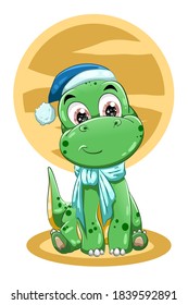 A little cute green dinosaur wearing blue hat vector illustration