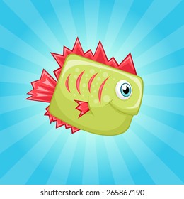 Little cute green fish with red fins