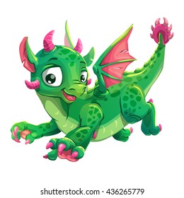 Little cute green flying young dragon, childish vector illustration, isolated on white background