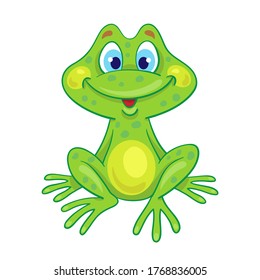 A little cute green frog is sitting. In cartoon style. Isolated on white background. Vector illustration.