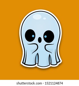 Little cute halloween ghost. Sticker isolated on orange background.