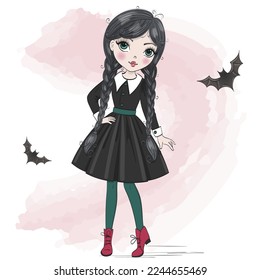 Little cute Halloween girl witch. Vector illustration.