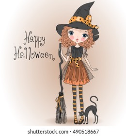 Little cute Halloween girl witch with black cat and broom. Vector illustration.