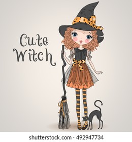 Little cute Halloween girl witch with black cat and broom. Vector illustration.