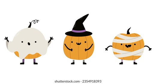 Little cute Halloween pumpkin collection. Cartoon pumpkins with different emotions.