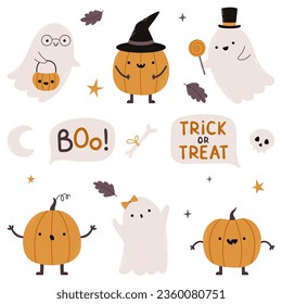 Little cute Halloween pumpkin and ghost collection. Cartoon pumpkins and ghost with different emotions.