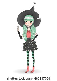 Little cute Halloween witch with black hat. Vector illustration.