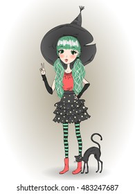 Little cute Halloween witch with black cat. Vector illustration.