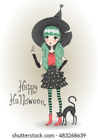 Little cute Halloween witch with black cat. Vector illustration.