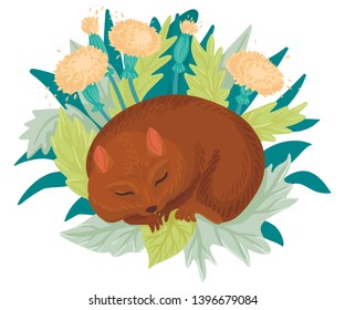 Little cute hamster fell asleep in the grass, around flowers and leaves. Sleeping animal, cute childish illustration. Print design. Vector cartoon flat style illustration. Object on a white background