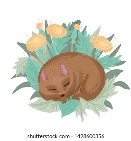 Little cute hamster fell asleep in the grass, around flowers and leaves. Sleeping animal, cute childish illustration. Print design. Vector cartoon flat style illustration. Object on a white background