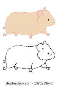Little cute hamster running fast on white background. Vector illustration of small rodent hurrying on business. Coloring page for children. Cartoon animal sketch by free hand.